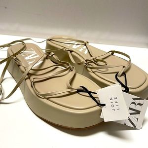 Zara - NWT size 38.  Tied Platform leather sandals (iced white) beige/taupe